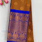 Charming Pumpkin Orange Color Pure Kanchi Silk With Indigo Blue Lotus Motifs Border And Gold Zari Work Saree For Women
