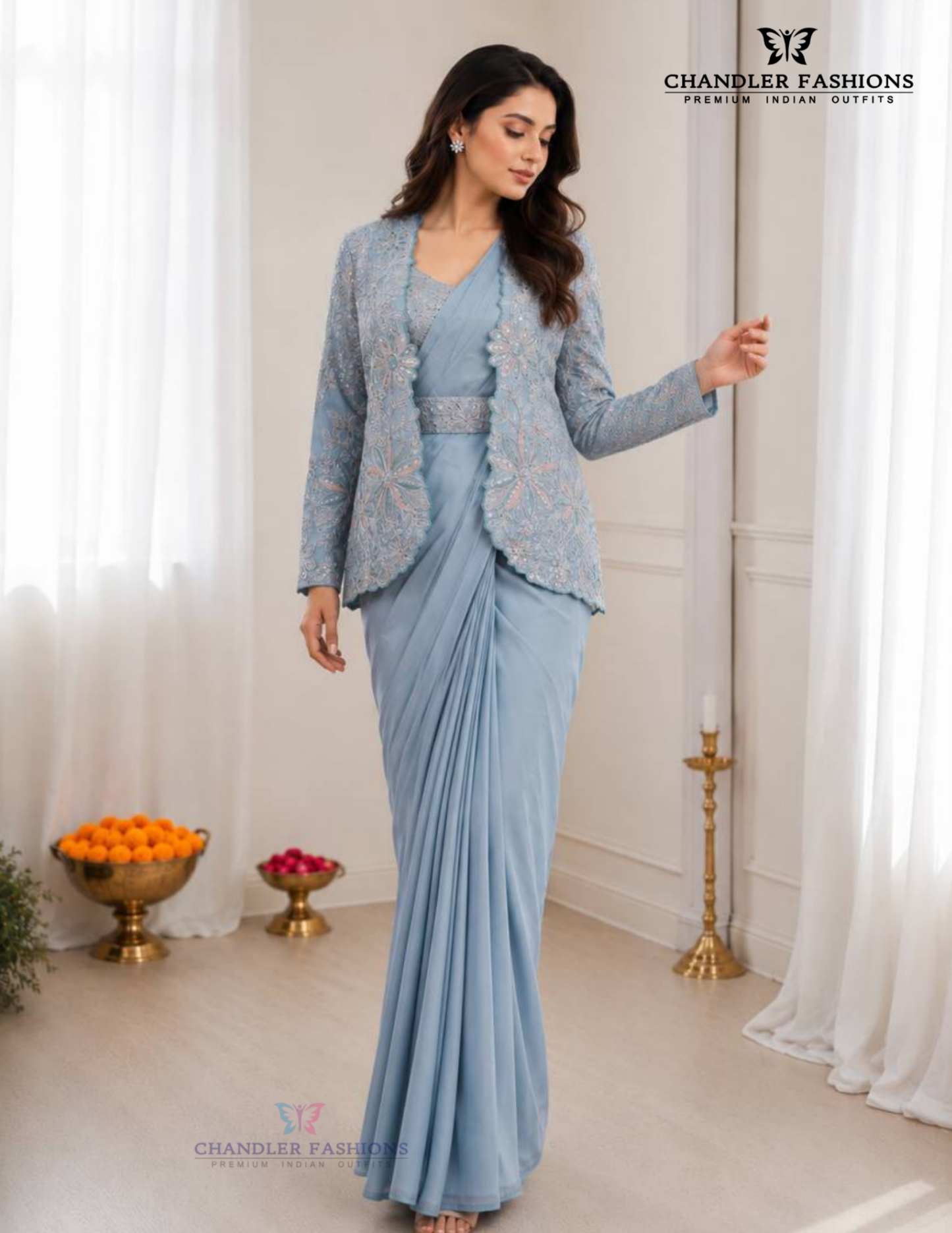 Elegant Light Blue Color Embroidery Work Ready To Wear Saree For Women
