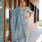 Alluring Sky Blue Color Cotton Printed Embroidery Work Salwar Suits With Dupatta Set