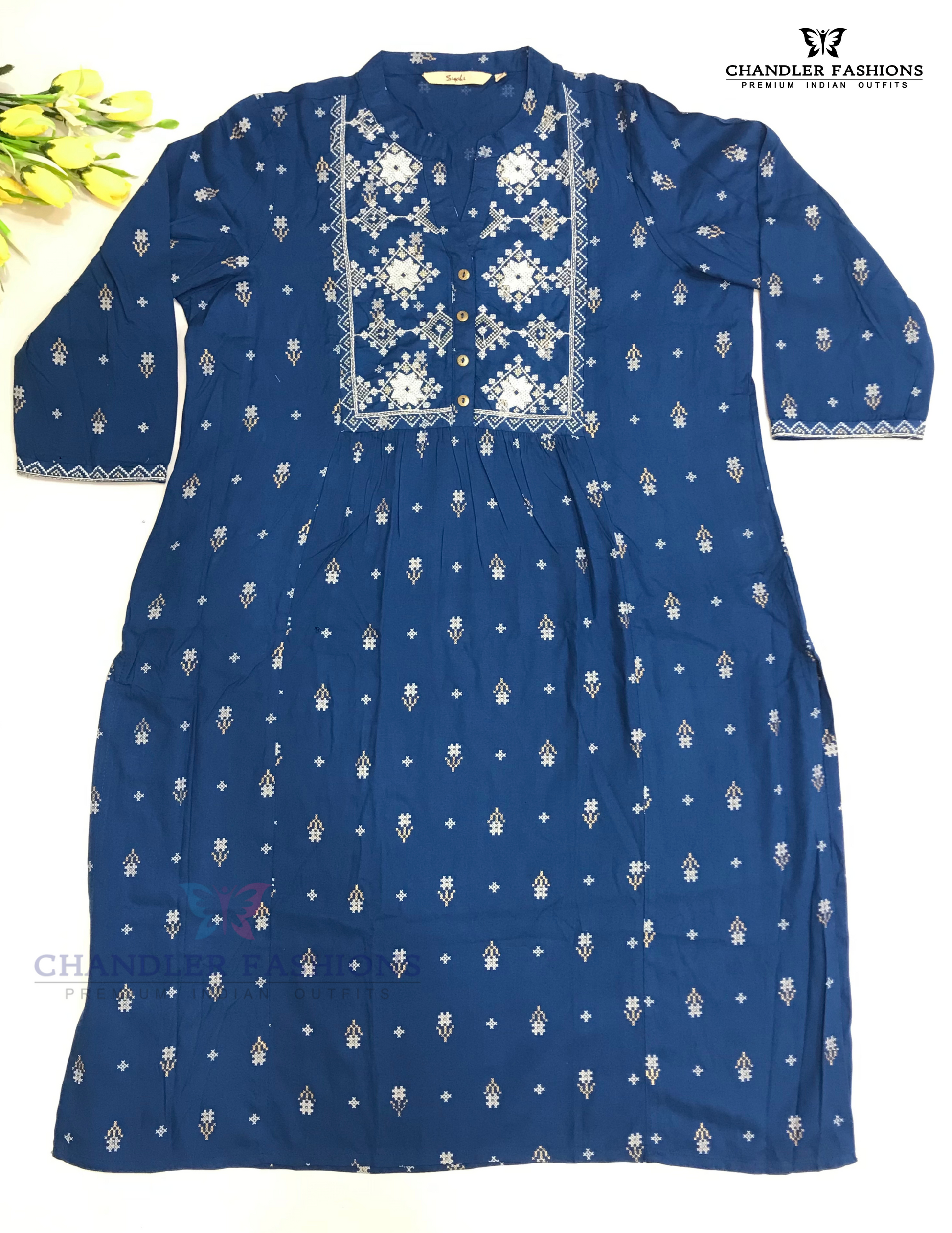 Charming Blue Color Cotton Kurti With Embroidery Work For Women