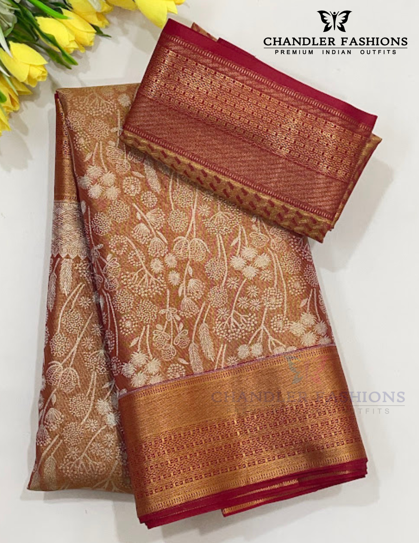 Stunning Copper Color Pure Kanchi Silk With Floral Motifs And Red Color With Paisely Motifs Pallu Design Gold Zari Work Saree For Women