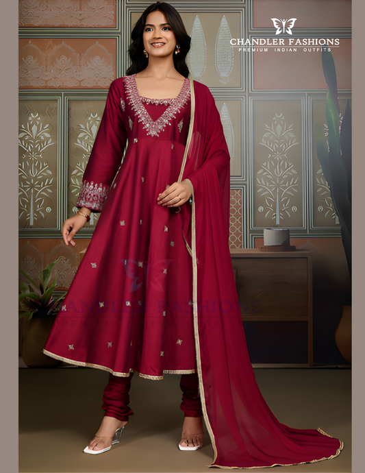Stunning Maroon Color Silk Blend With Embroidery Work Anarkali Suits For Women