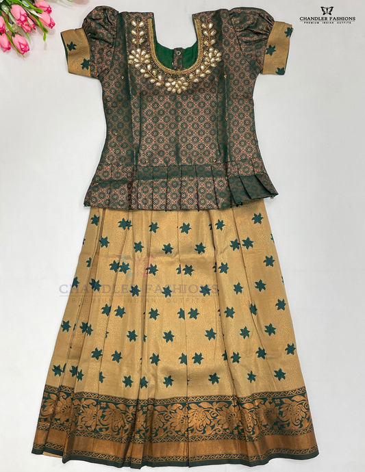 Pleasing Green And Yellow Color Silk Langa Sets With Stone Work For Girls