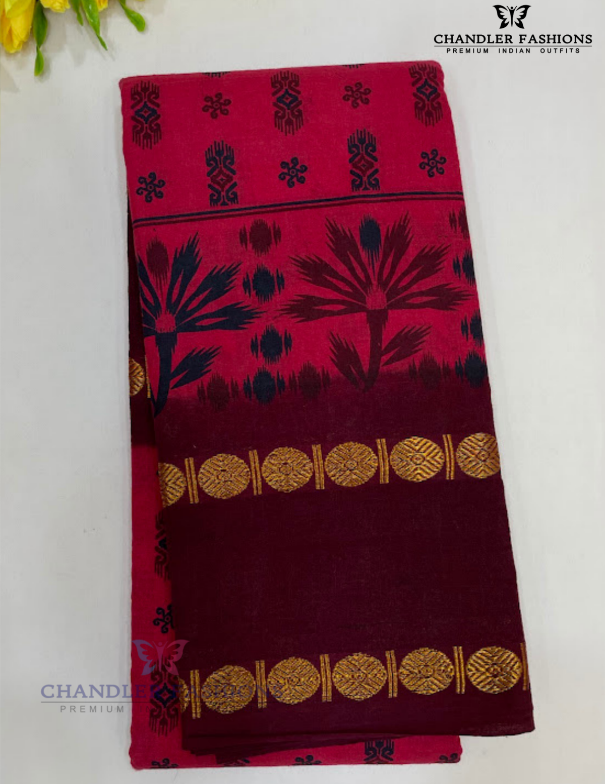 Attractive Dark Pink Printed Work With Cotton Saree For Women