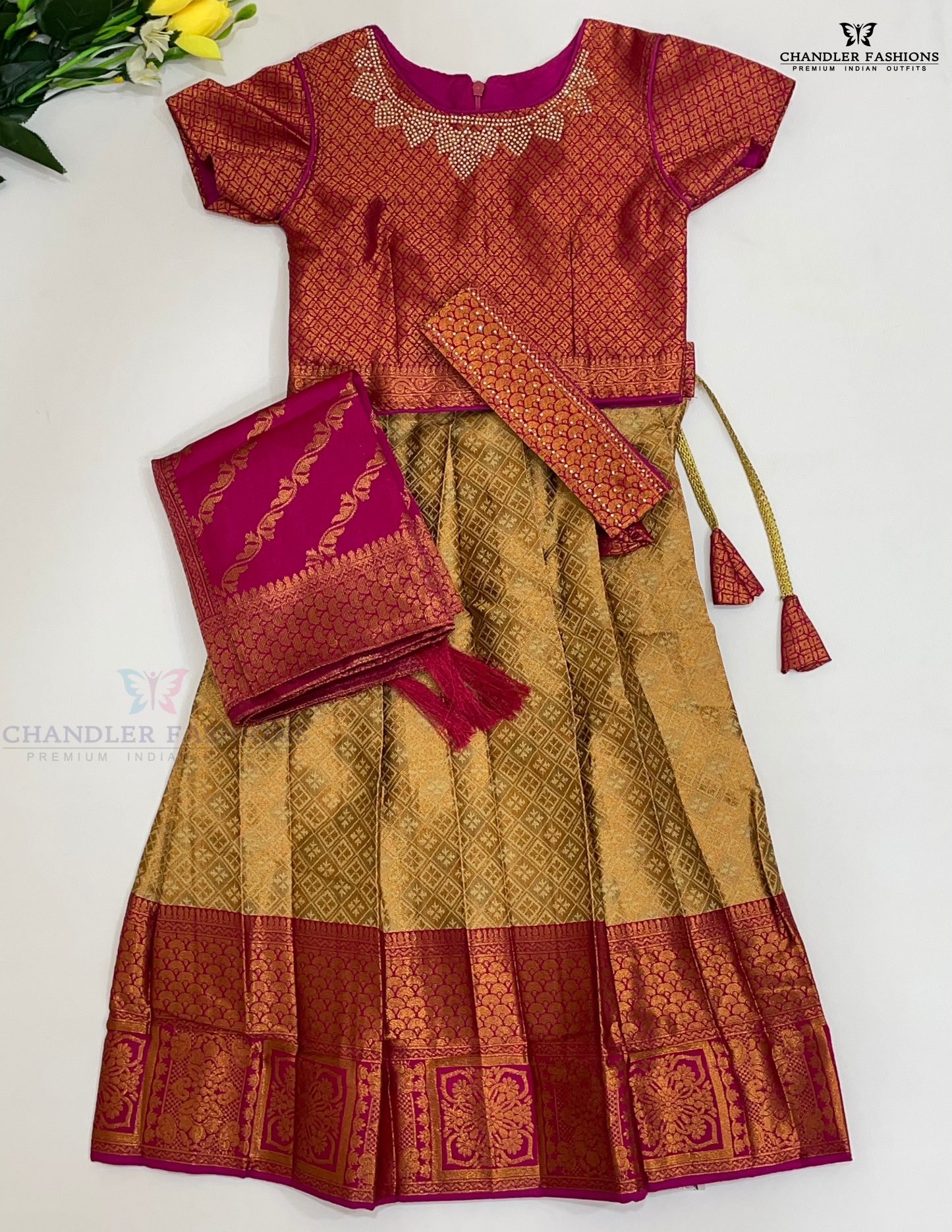 Pleasing Pink Color Art Silk Choli Sets With Stone Work And Belt For Girls