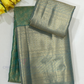 Elegant Sea Green Color Pure Kanchi Silk Floral Motifs With Sea Blue Color Pallu And Border Gold Zari Work Saree For Women