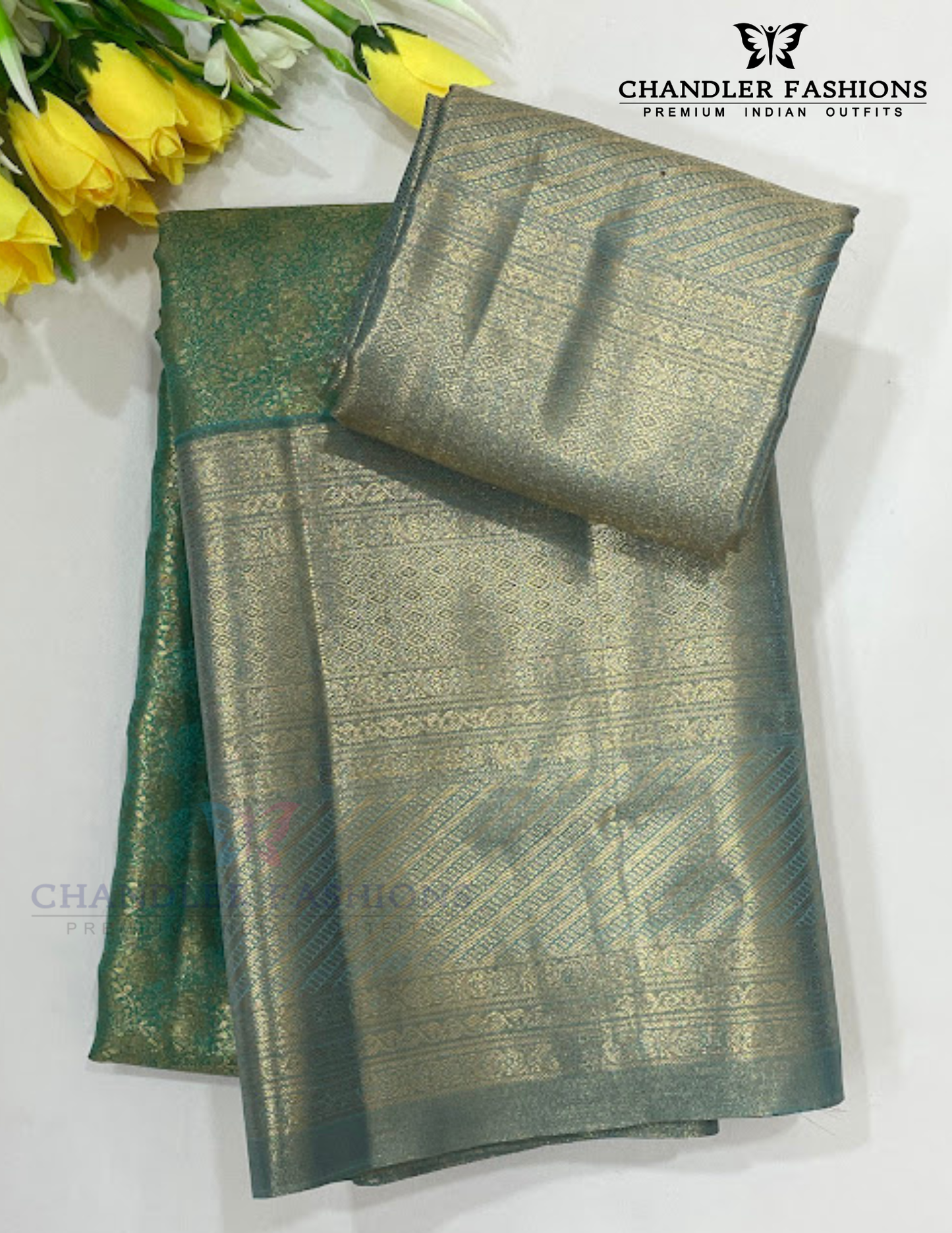 Elegant Sea Green Color Pure Kanchi Silk Floral Motifs With Sea Blue Color Pallu And Border Gold Zari Work Saree For Women