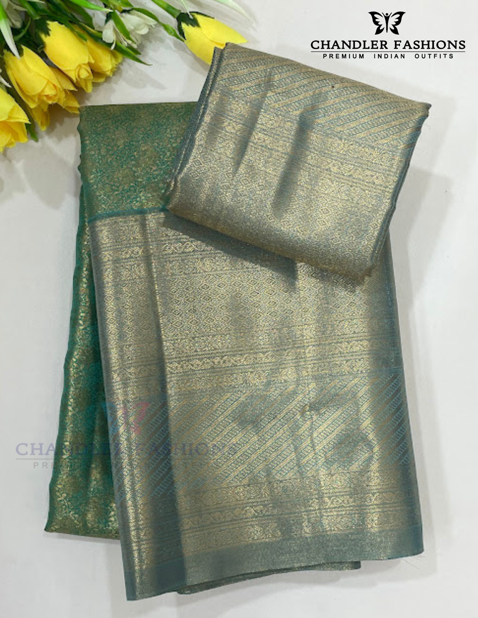 Elegant Sea Green Color Pure Kanchi Silk Floral Motifs With Sea Blue Color Pallu And Border Gold Zari Work Saree For Women