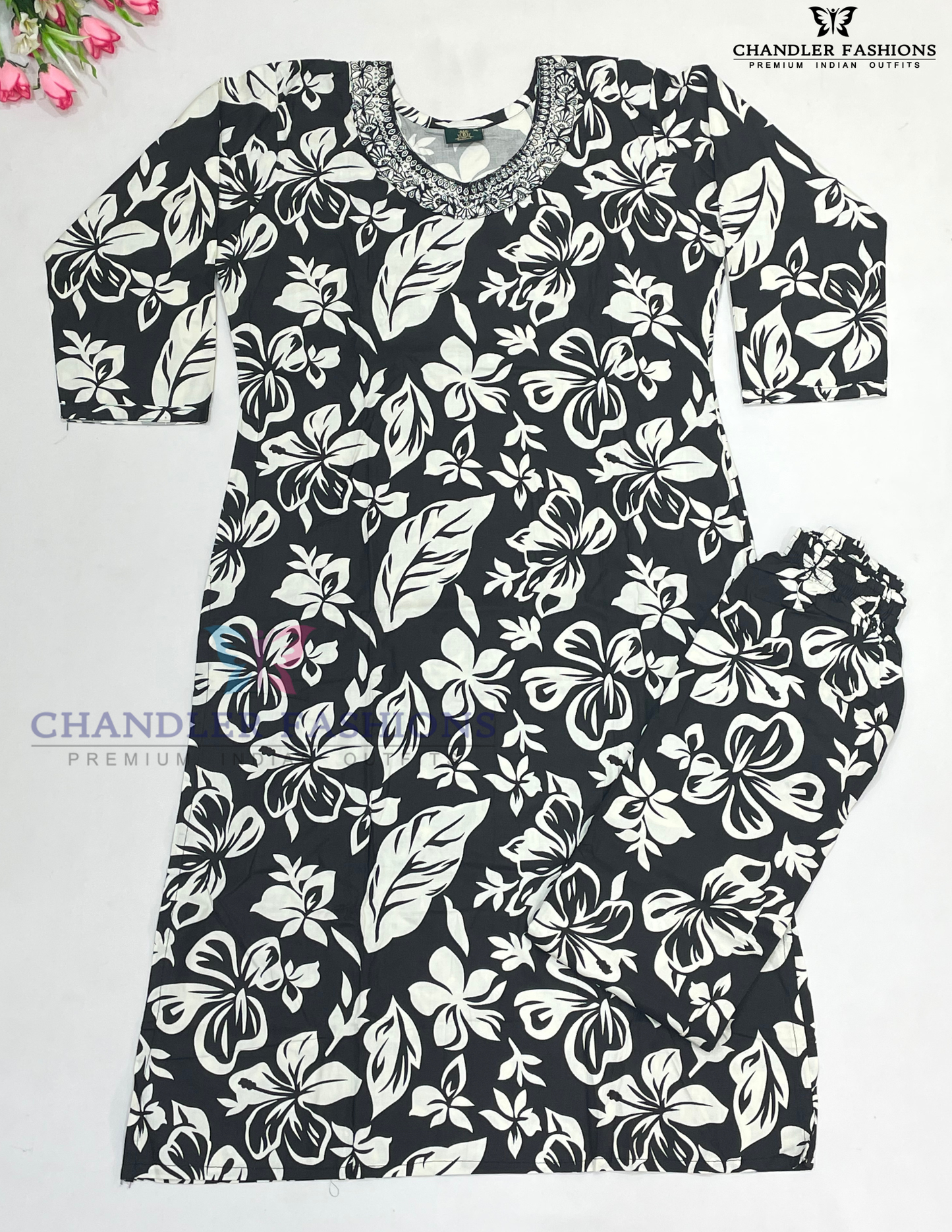 Appealing Black Color Rayon Printed Work Kurti With Palazzo Co-ord Set