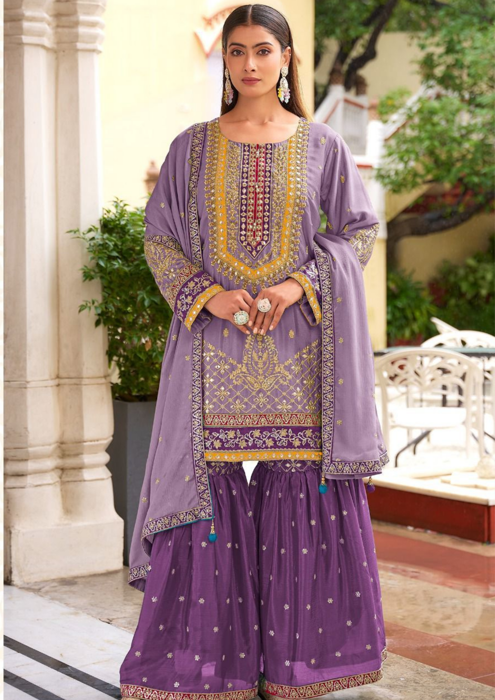 Attractive Purple Color Chinon Viscous Sharara With Embroidered Work For Women