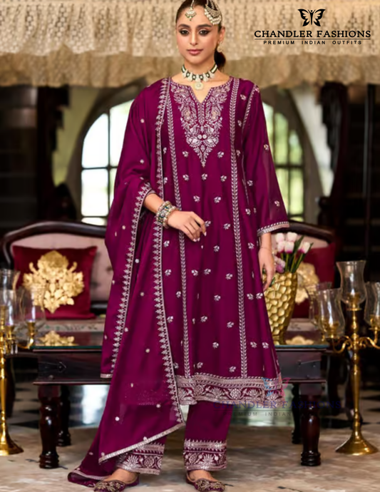 Beautiful Wine Color Heavy Chinon Salwar Suits With Embroidery Work For Women