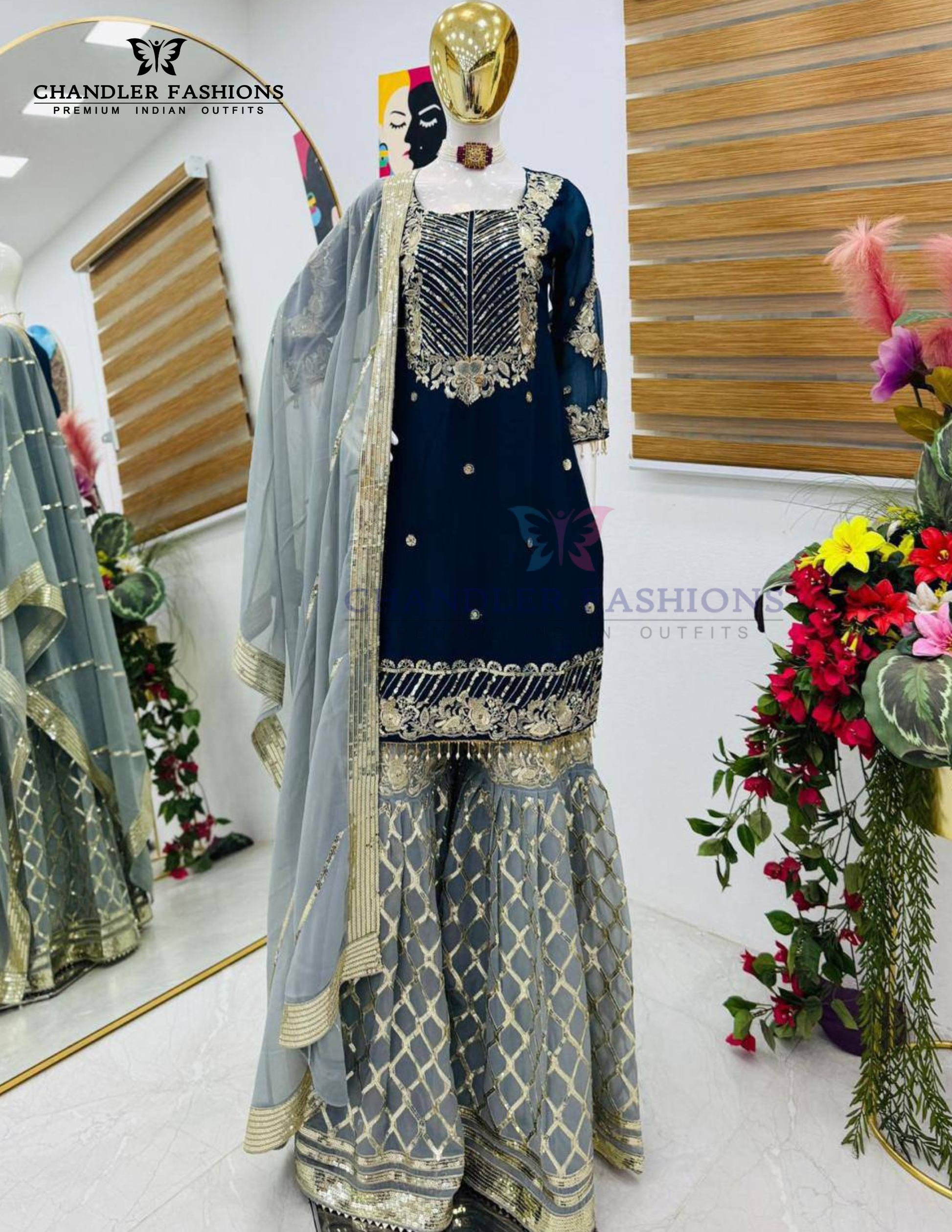 Attractive Blue Color Georgette With Embroidered Sequins Work Sharara Suits In Suncity