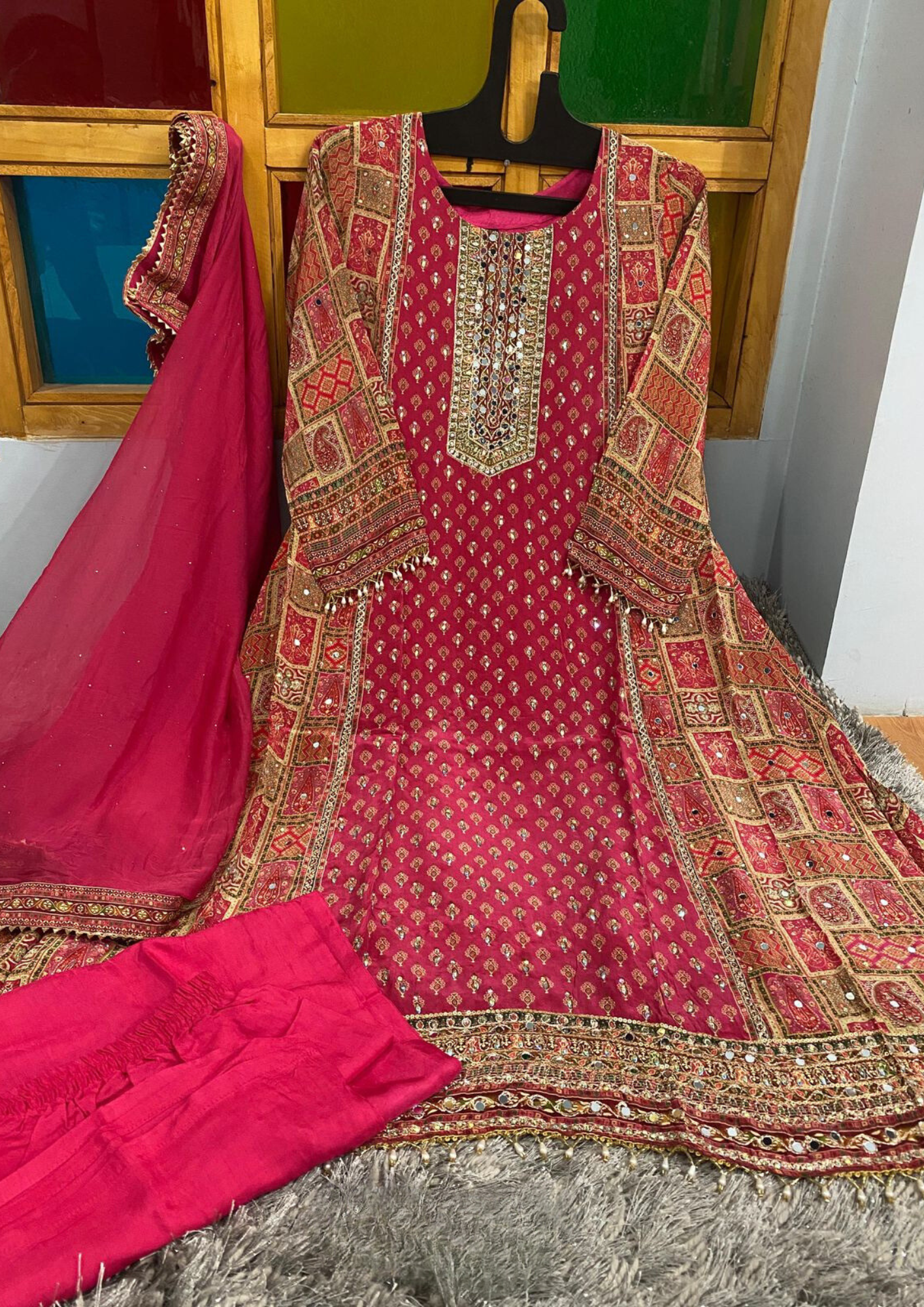 Charming Rani Pink Color Pure Crepe With Embroidery Work Palazzo Suits And Chiffon Dupatta