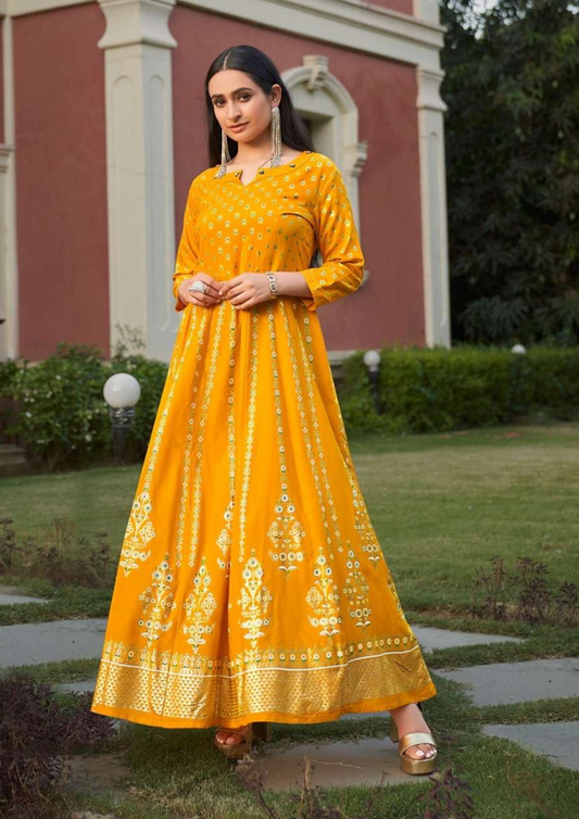 Attractive Yellow Colored Heavy Rayon With Foil Prints Kurti For Women