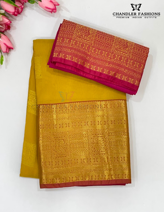 Pretty Mustard Yellow Color Pure Kanchi Silk Gold Zari Work Saree For Women - SILKMARK CERTIFIED