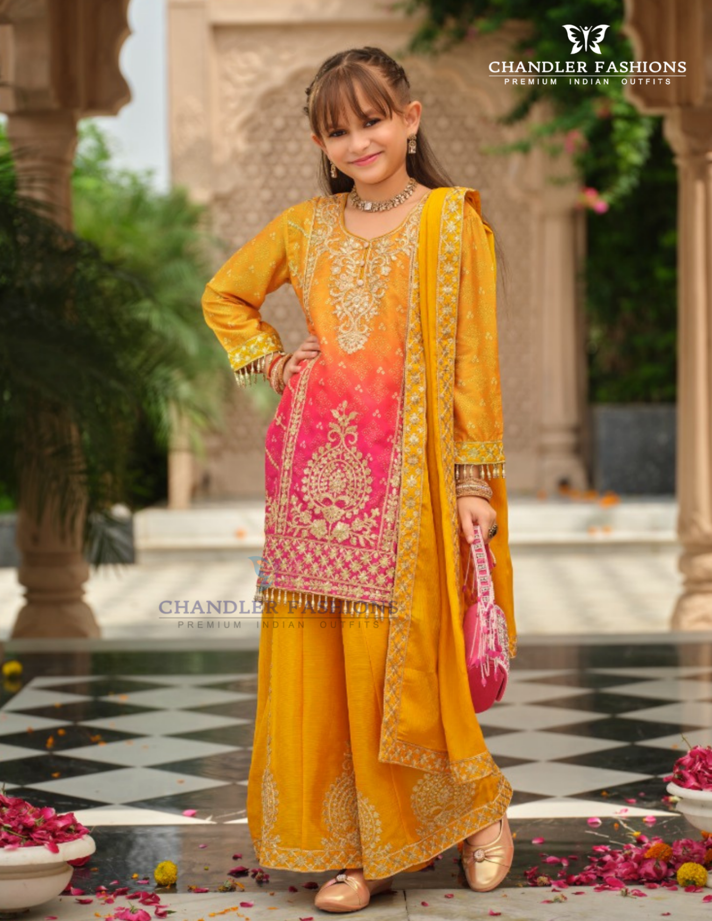 Attractive Yellow Color Chinon With Embroidery Work Palazzo Suits For Girls