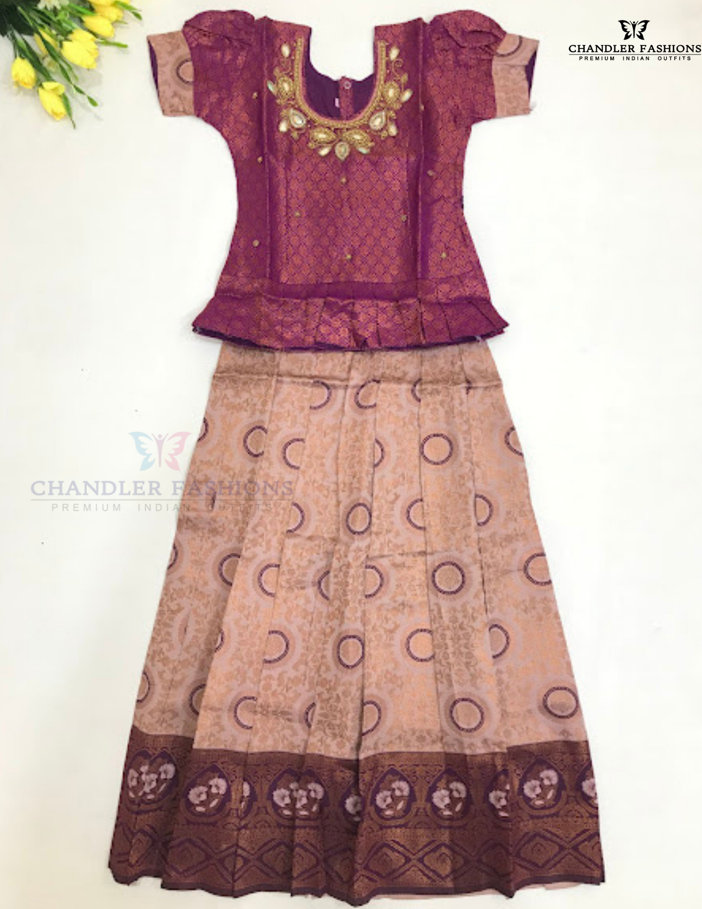 Pleasing Purple Colored Silk Langa Sets With Stone Work For Girls