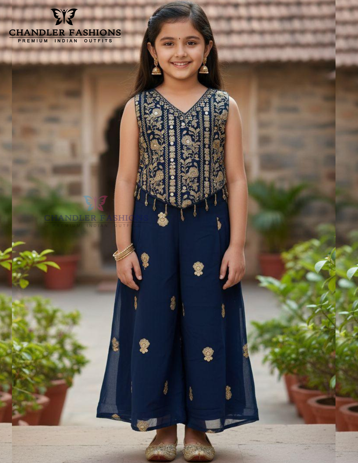 Pretty Dark Blue Color Georgette With Embroidery And Sequins Work Palazzo Suits For Girls