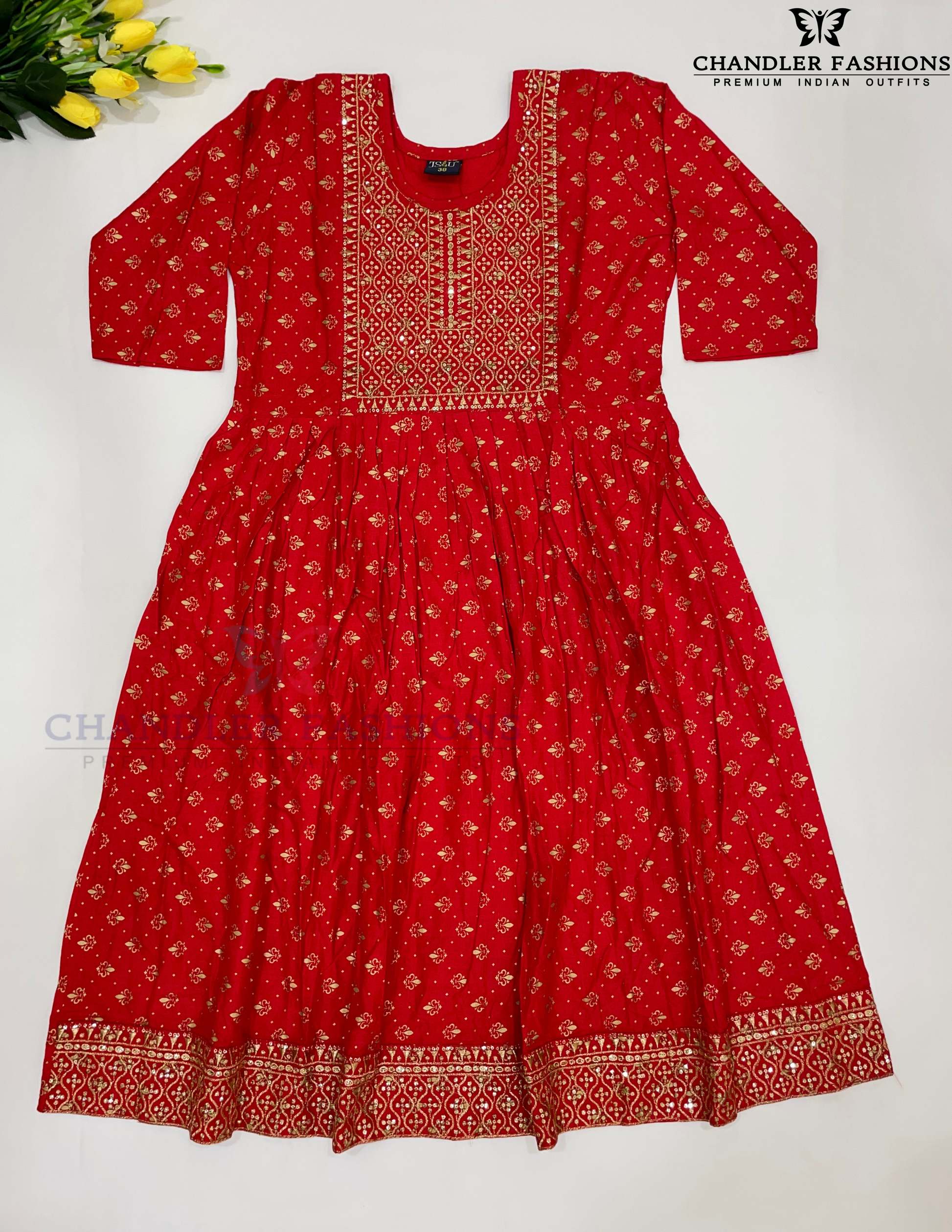 Attractive Red Color Embroidery With Sequins Work Rayon Kurti For Women