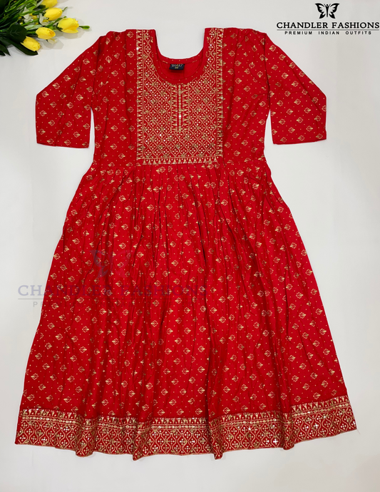 Attractive Red Color Embroidery With Sequins Work Rayon Kurti For Women