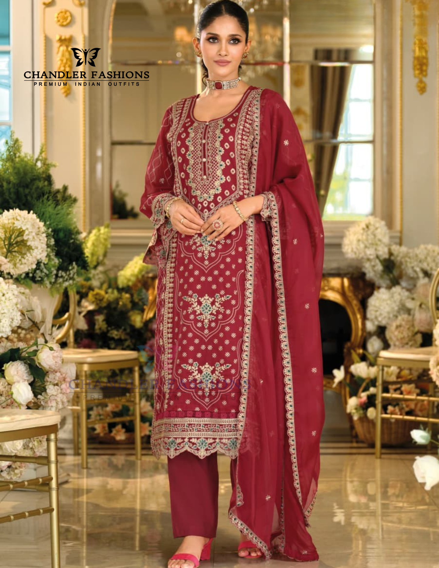 Charming Maroon Color Soft Organza With Embroidery Work Salwar Suits For Women