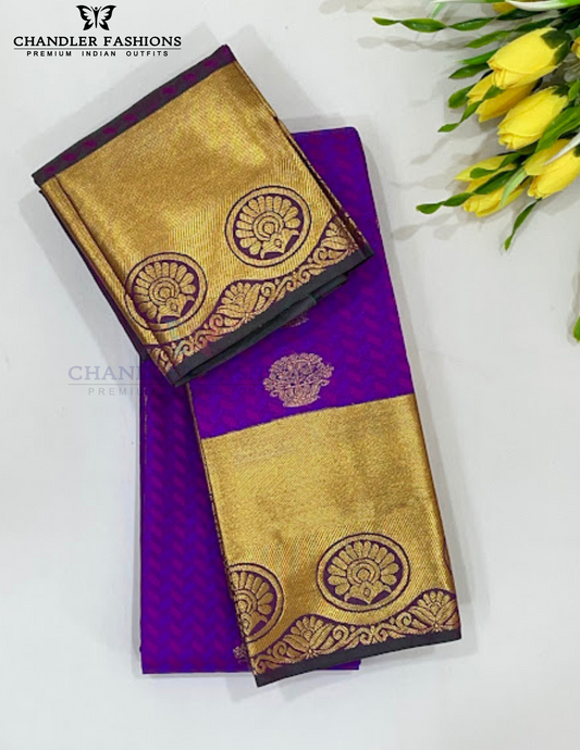 Alluring Violet Color Pure Kanchi Silk Gold Zari Work Saree For Women - SILKMARK CERTIFIED