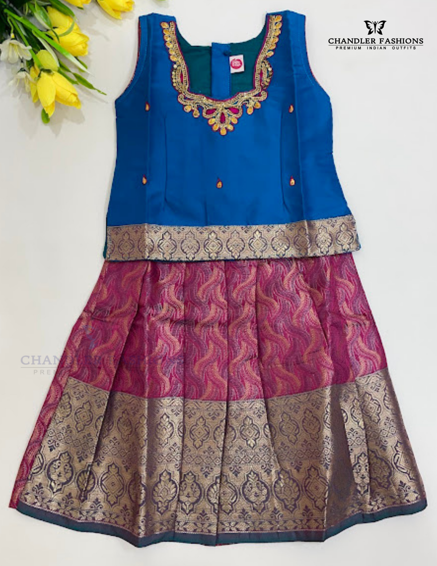 Pretty Teal Blue And Pink Color Silk Langa Sets With Stone Work For Girls