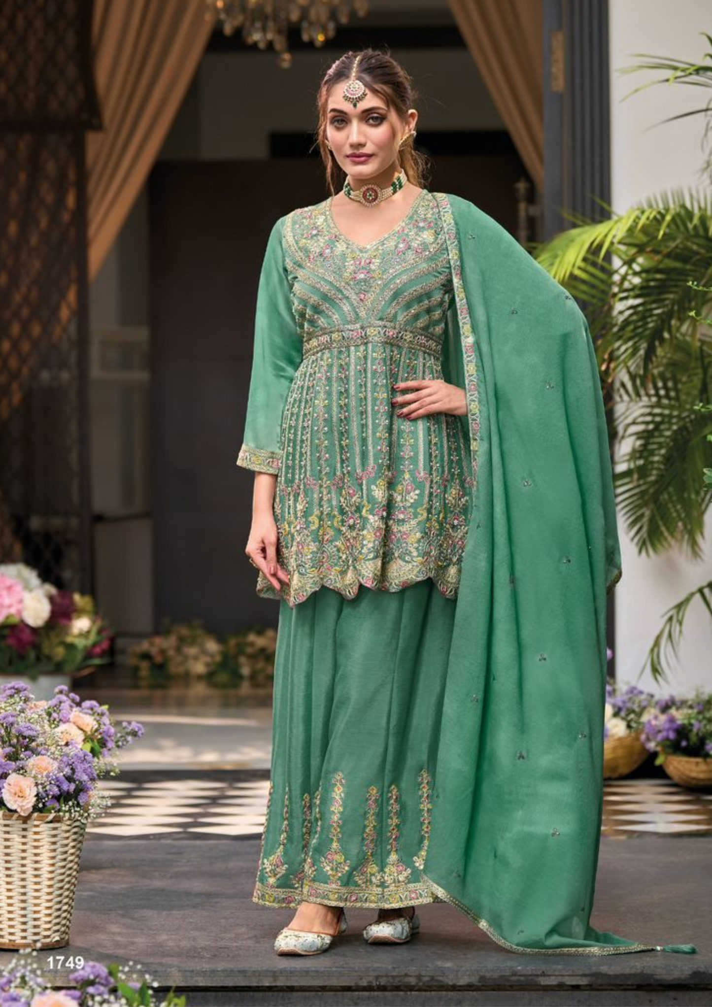 Attractive Green Color Heavy Chinon With Embroidery Work Sharara Suits With Dupatta