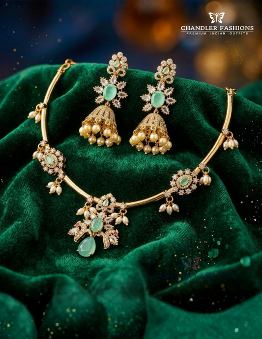 Beautiful Gold And Green Stone Gold Plated Necklace Set For Women