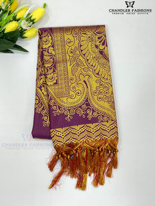 Beautiful Dark Purple Color Silk Shawl With Golden Zari Work For Guest