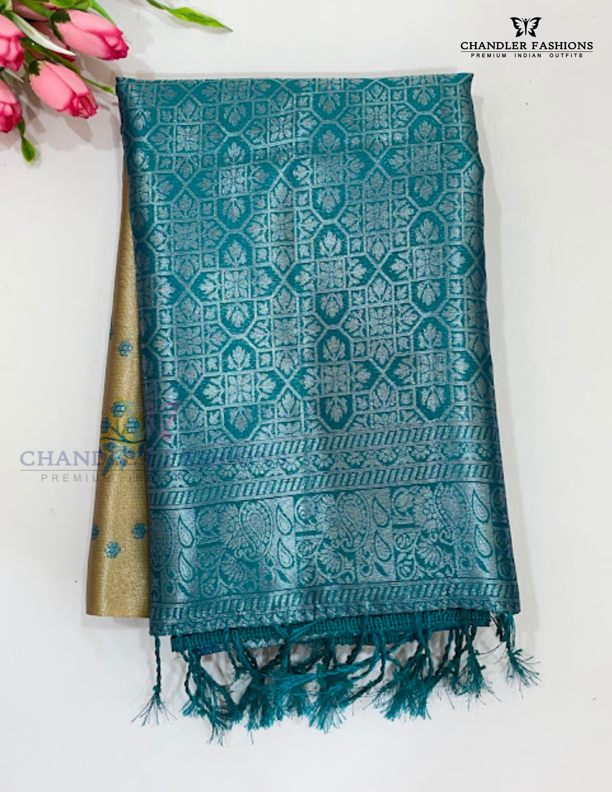 Elegant Gold Color Silk Saree With Rama Green Color Border For Women