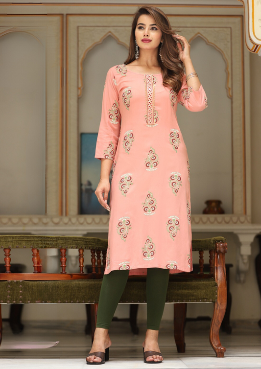 Lovely Pink Color Fancy Embroidery Work With Rayon Kurti For Women
