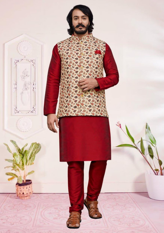 Elegant Maroon Color Digital Print Work With Silk Kurta And Pajama With Jacket