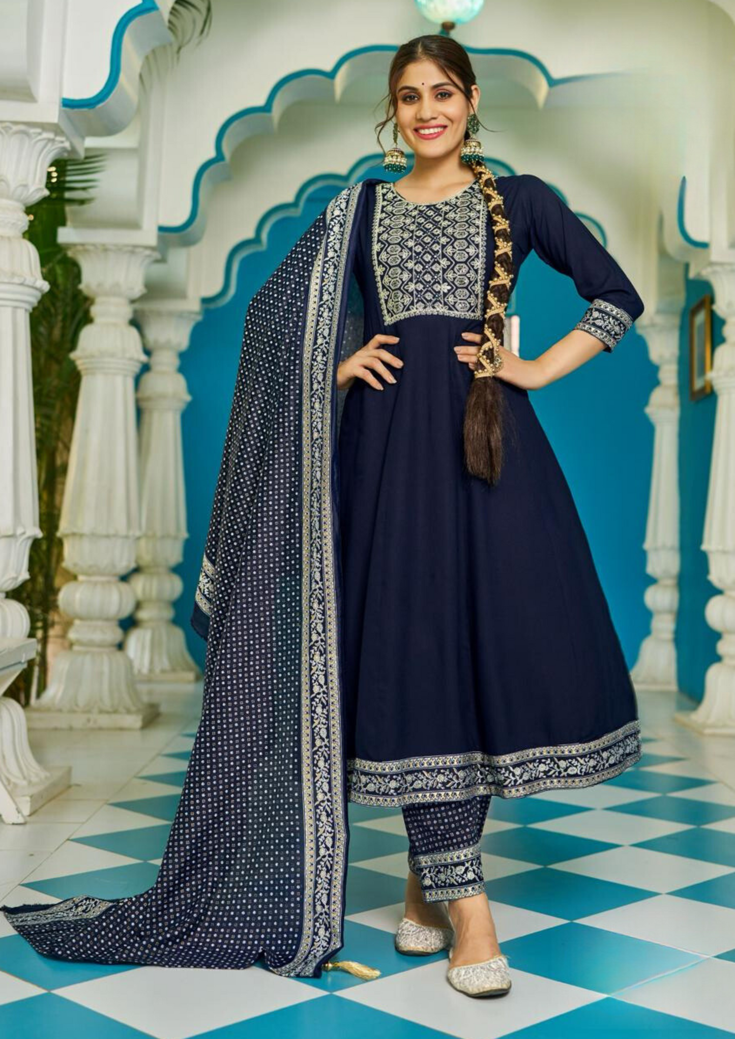 Dazzling Blue Color Rayon Foil Print And Embroidery work Salwar Suits For Women