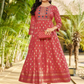 Gorgeous Red Color Rayon Foil Print Anarkali Gown With Embroidery Work