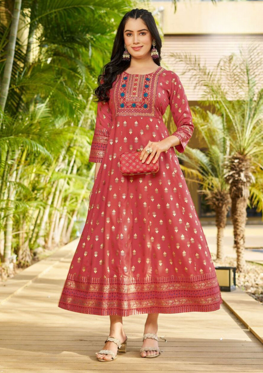 Gorgeous Red Color Rayon Foil Print Anarkali Gown With Embroidery Work