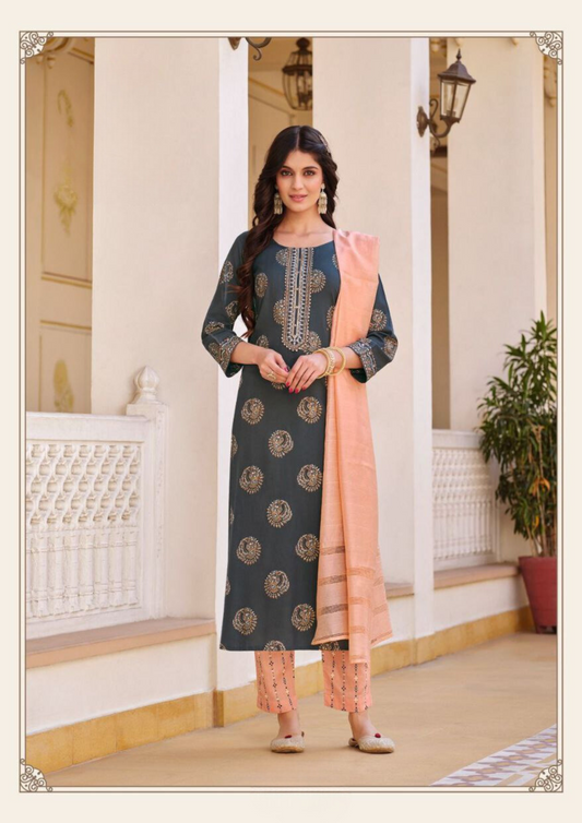 Attractive Dark Blue color Rayon With Classy Gold Print Fancy Embroidery Work