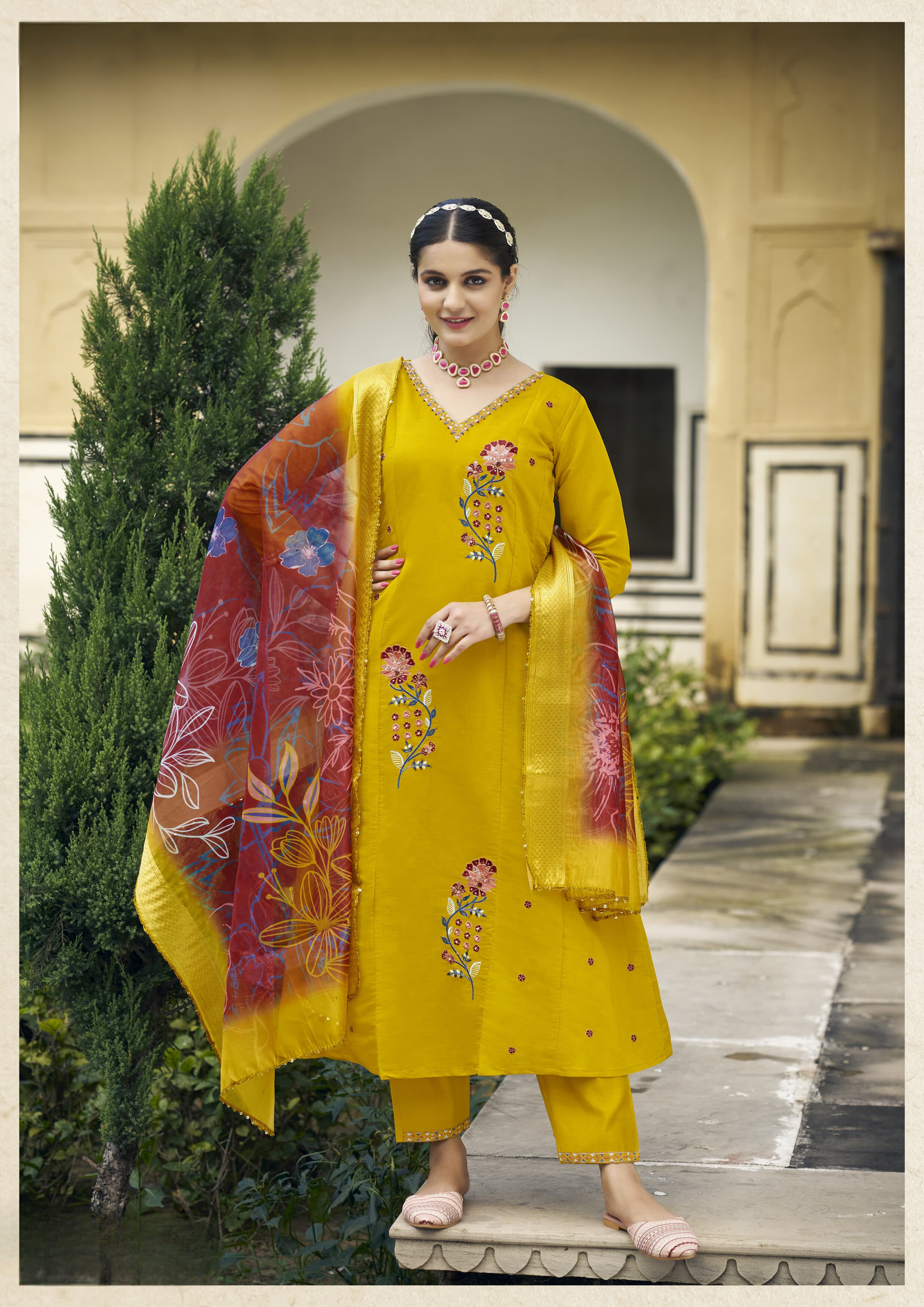 Elegant Yellow Color Viscose Roman Silk With Sequence Thread Work Kurti Suit For Women