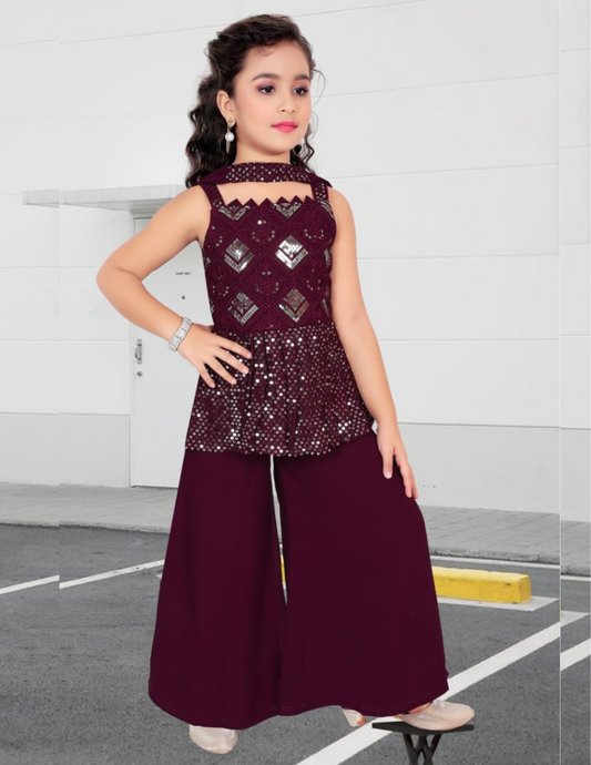 Attractive Wine Color Georgette Sequins Work Sharara Suit For Girls