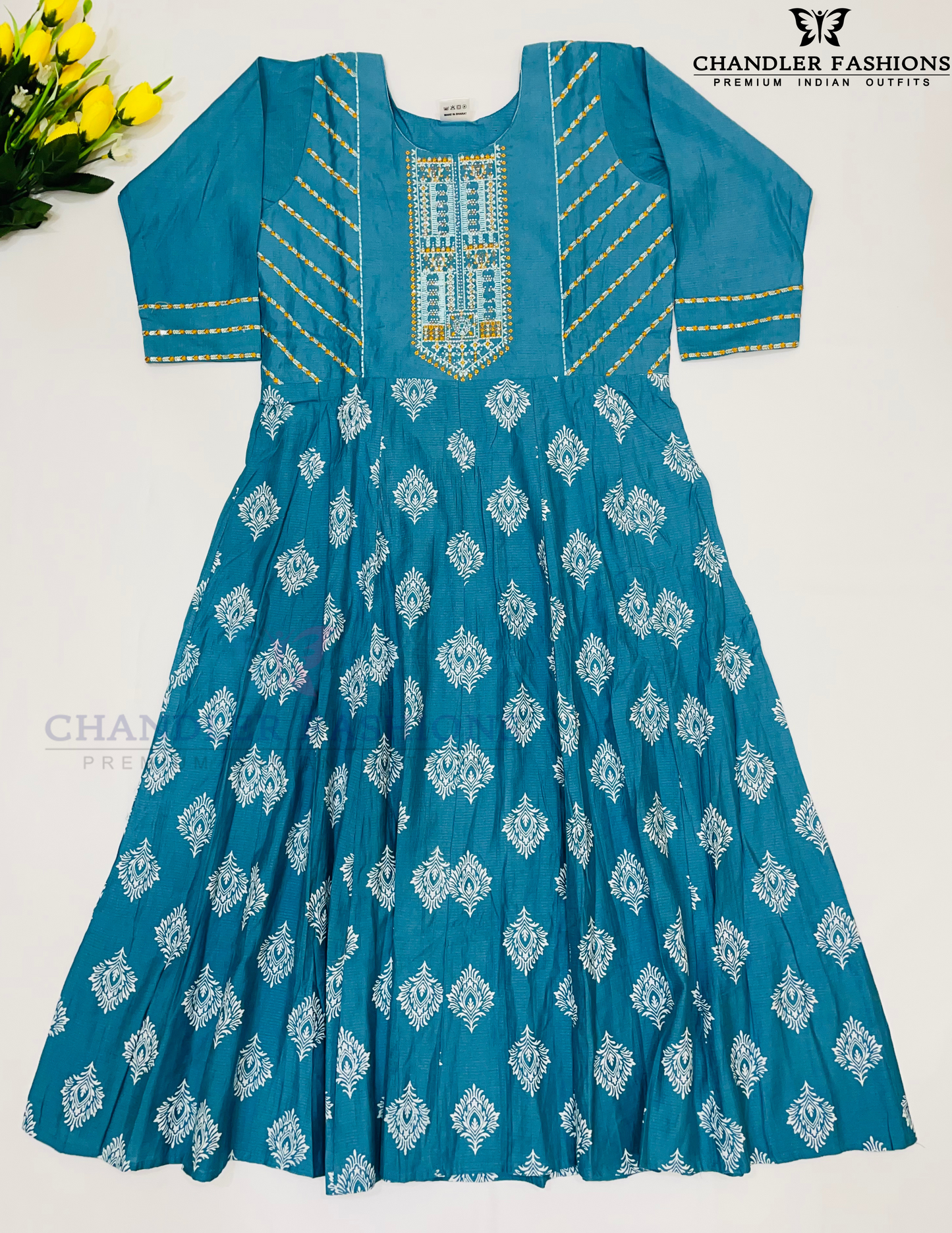 Attractive Teal Blue Color Cotton With Embroidery Sequins Work Kurti For Women