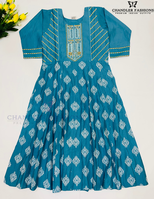 Attractive Teal Blue Color Cotton With Embroidery Sequins Work Kurti For Women