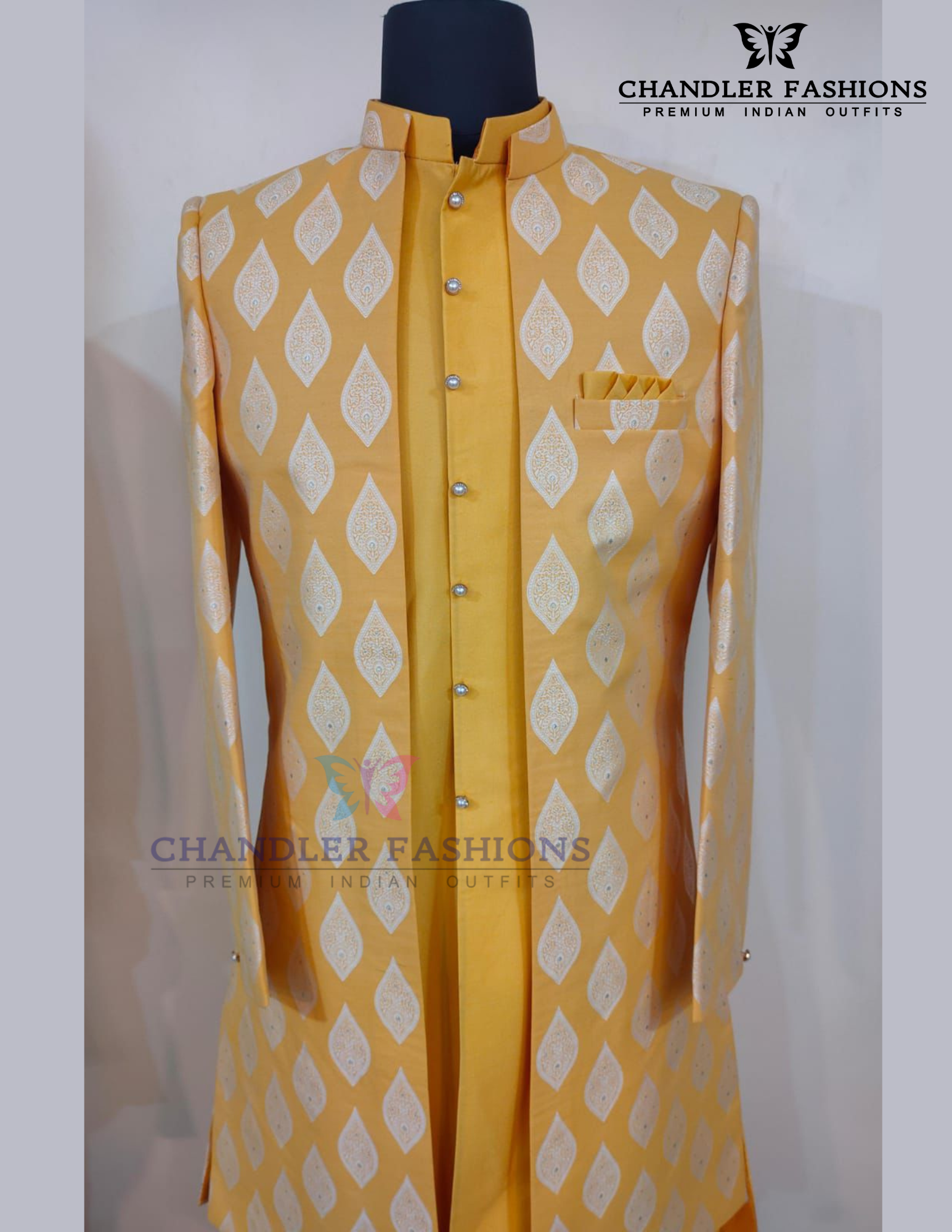 Stunning Yellow Color Banarasi Brocade With Hand Embroidery Work Sherwani Suit For Men - PREMIUM QUALITY