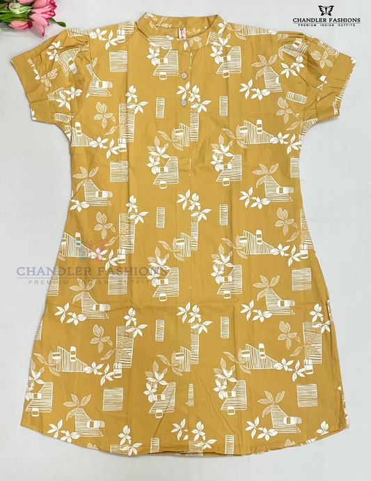 Pretty Sandal Color Cotton Kurti With Printed Work For Girls