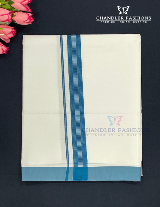 Alluring Men's White Color Cotton Dhoti With Blue Border