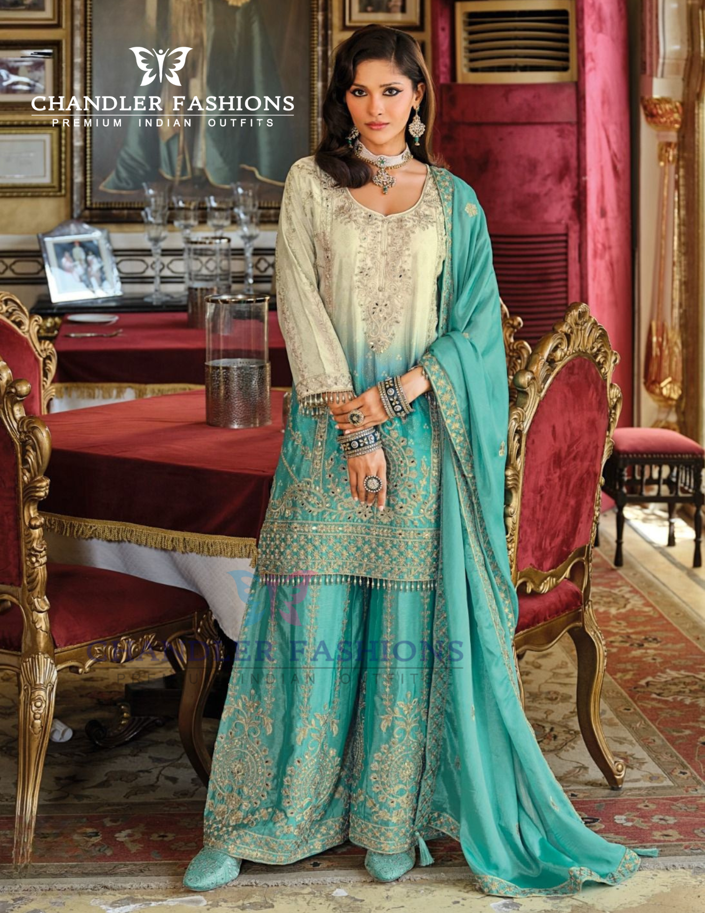 Appealing Sea Green Color Chinon With Digital Print And Embroidery Work Palazzo Suits For Women