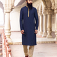 Attractive Navy Blue Color Slub Silk Neck Embroidery Work Men's Kurta With Pajama Set