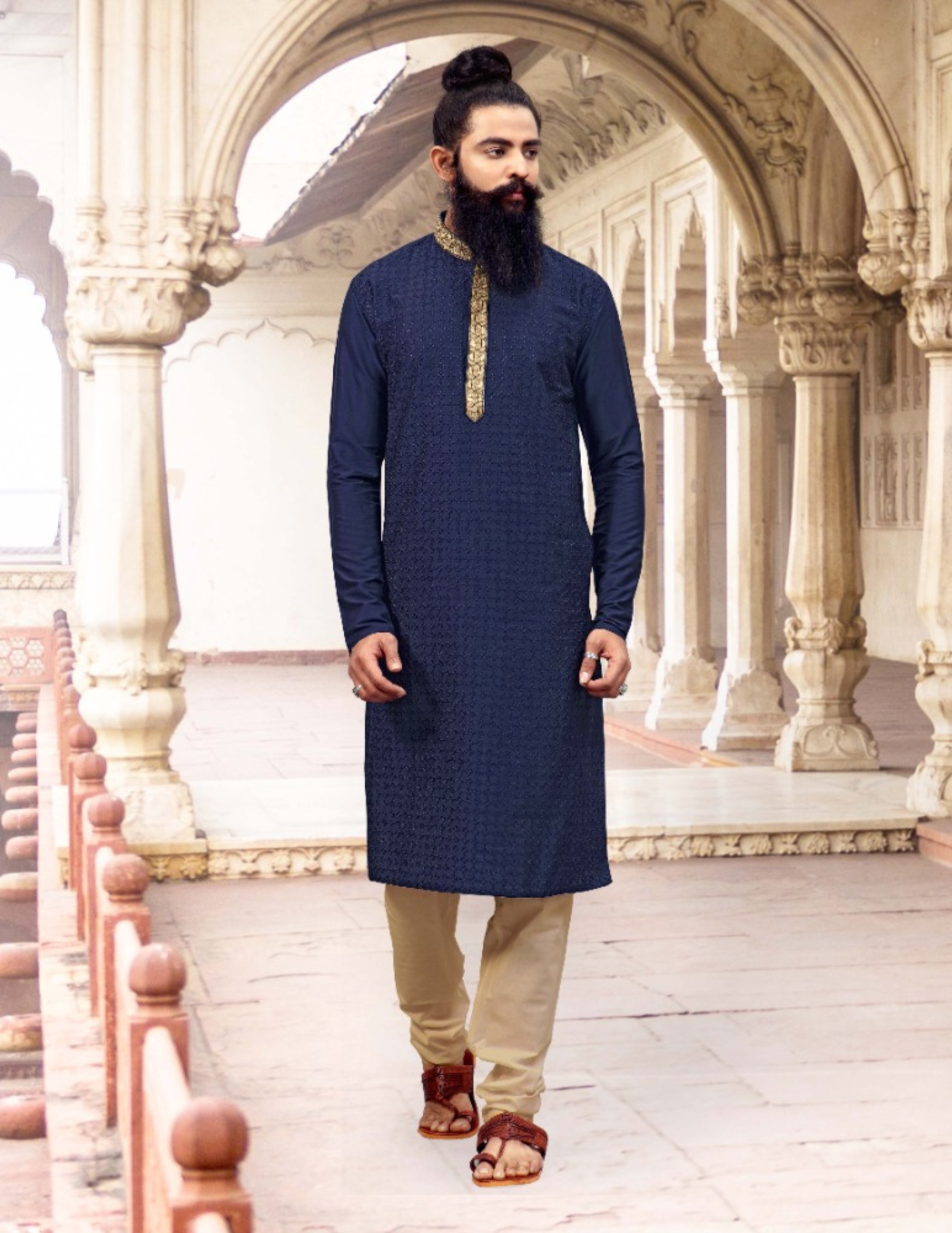 Attractive Navy Blue Color Slub Silk Neck Embroidery Work Men's Kurta With Pajama Set