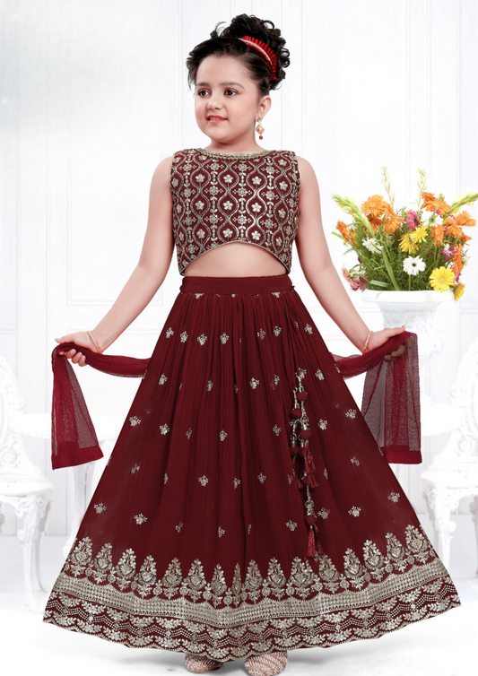 Attractive Maroon Color Georgette Embroidery Work Girls Choli Sets