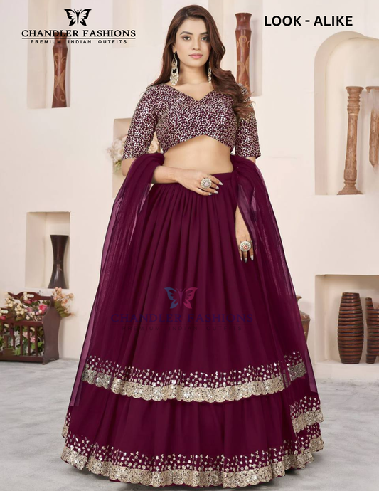 Wonderful Wine Color Georgette With Embroidery And Sequins Work Lehenga For Women