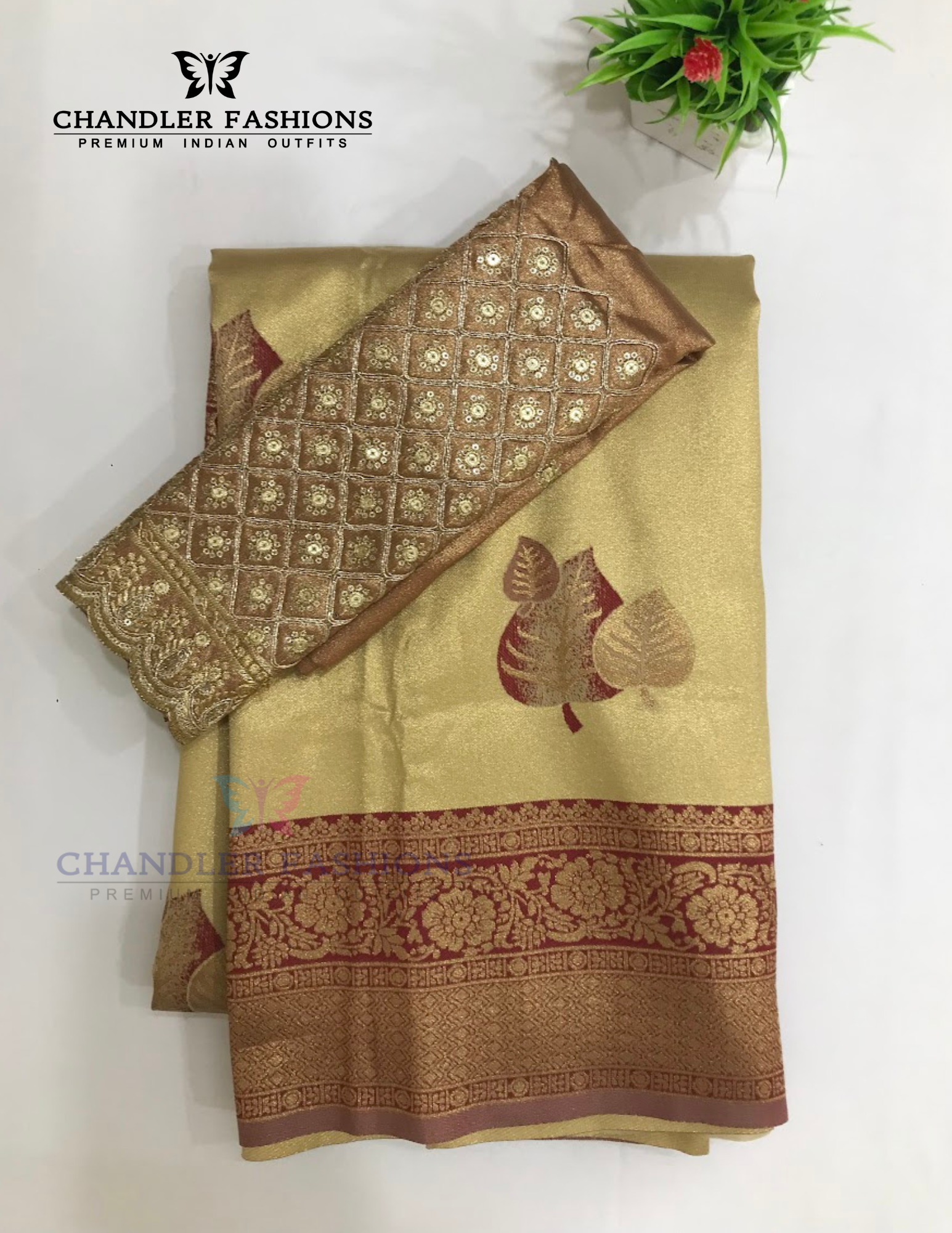 Gold Color Tissue Silk Saree With Designer Blouse In USA